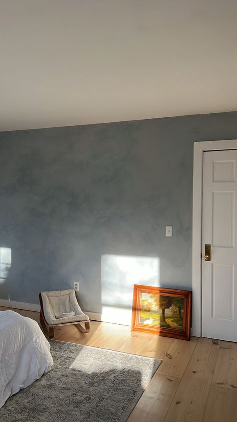 Lime Washed Bedroom Walls, Bedroom Inspirations Limewash, Dark Limewash Paint, Blue Lime Wash Bedroom, Light Blue Lime Wash Wall, Bedroom Ideas Limewash, Accent Wall Lime Wash, Blue Limewash Bathroom, Blue Lime Wash Paint