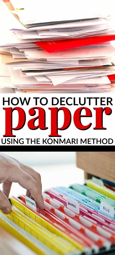 HOW TO DECLUTTER PAPER USING THE KONMARI METHOD Kon Marie, Office Paperwork, Paperwork Organization, Paper Organizing, Konmari Folding, Paper Clutter Organization, Office Organization Files, Filing Papers, Clutter Solutions