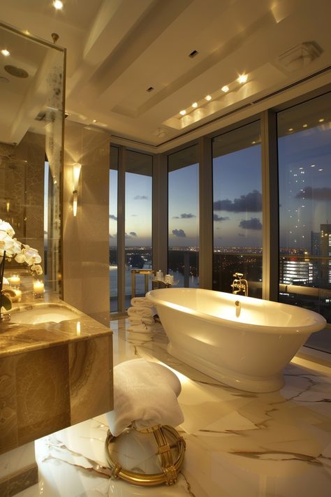 Luxury Bathing with a View: Elevate Your Evenings in This Glamorous Cityscape Bathroom Bath Luxury Design, City Apartment Bathroom, Monaco Penthouse, Massive Bathroom, Mansion Bathrooms, Fancy Bath, Penthouse Bathroom, Opulent Decor, Grey Marble Bathroom