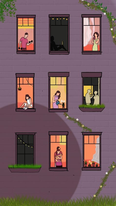 Digital illustration-Daily routine in apartment windows.follow @theboho_co in instagram for more Cute Apartment Drawing, Drawing Windows Illustration, Apartment Window Drawing, Daily Routine Wallpaper Aesthetic, People In Windows Illustration, Daily Routines And Rituals Art, Bay Window Drawing, Hotel Room Illustration, Apartment Window Aesthetic