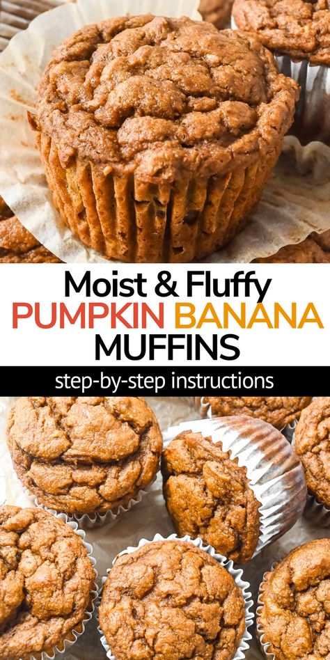 Easy pumpkin banana muffins combine the delicious flavors of pumpkin pie and banana bread! These moist and fluffy muffins are quick to make in less than 30 minutes. The best healthy gluten-free homemade muffin you can make! Dairy Free Pumpkin Banana Muffins, Gluten Free Egg Free Banana Muffins, Banana Pumpkin Muffins Gluten Free, Healthy Pumpkin And Banana Recipes, Pumpkin Banana Muffins Baby, Gf Pumpkin Banana Muffins, Dairy Free Banana Oat Muffins, Healthy Pumpkin Banana Oat Muffins, Paleo Pumpkin Banana Muffins