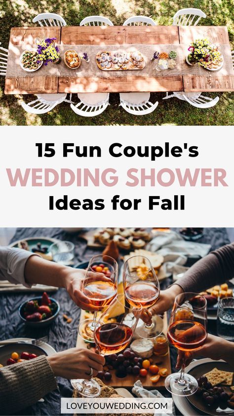 Boho Couple Shower Ideas, Couple’s Shower Ideas, His And Her Bridal Shower Ideas, Bridal Shower Ideas For Couples, Fall Themed Couples Shower Ideas, Bride And Groom Wedding Shower Ideas, Co Ed Wedding Shower Themes, Fall Couples Shower Decorations, Couple Bridal Shower Themes