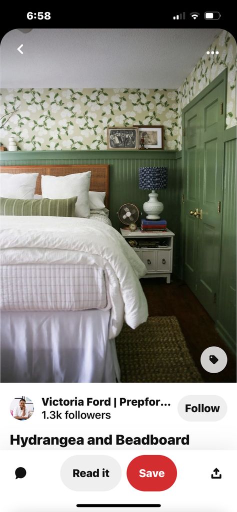 Wallpaper And Panelling Bedroom, Beadboard Bedroom, Wallpaper And Beadboard, Painted Beadboard, Beadboard Wall, Hydrangea Wallpaper, Wainscoting Bedroom, Bead Board Walls, Whimsical Bedroom