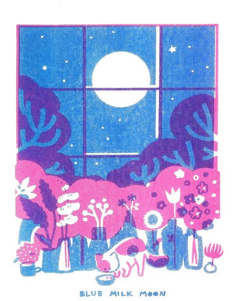 Reban Ayam, Risograph Illustration, Risograph Design, Riso Printing, Zine Design, Flower Moon, Riso Print, Risograph Print, Printmaking Art