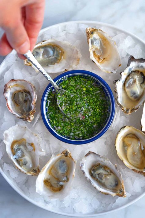 Oyster mignonette made with rice wine vinegar, shallot, fresh herbs, and pepper. It’s gorgeous and tastes fantastic with fresh raw oysters. Bonus, it’s even delicious spooned over grilled […] Mignonette Recipe, Champagne Vinaigrette, Raw Oysters, Oyster Recipes, Reduce Food Waste, Grilled Meat, Food App, Fish And Seafood, Food Waste