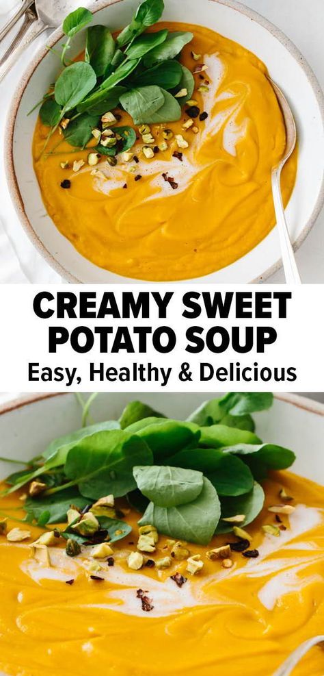 This vegan sweet potato soup recipe is a creamy, rich, and healthy soup that's easy to make right in the blender! The perfect comfort food recipe. #veganrecipe #sweetpotatorecipe #sweetpotato #souprecipe Sweet Potato Soup Healthy, Vegan Sweet Potato Soup, Soup Stovetop, Potato Soup Recipes, Sweet Potato Soup Vegan, Sweet Potato Soup Recipes, Potato Soup Easy, Potato Soup Crock Pot, Winter Soup Recipe