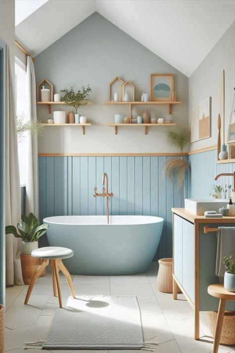 Embrace Scandinavian design with this serene combination of pale blue and light wood. Clean lines and calming colors for your bathroom. #ScandinavianBathroom #PaleBlueAndWood Blue And Beige Bathroom, Beige And Blue Bathroom, Small Blue Bathroom, Powder Blue Bathroom, Pale Blue Bathroom, Hygge Bathroom, Blue Tile Floor, Dark Blue Tile, Lavender Interior