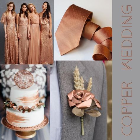 COPPER WEDDING THEME - 2022 Bronze Color Palette Colour Schemes, Kiawah Wedding, Copper Wedding Theme, Copper Wedding Colors, Brown Wedding Themes, Rose Gold Tie, Anemone Wedding, Fall Wedding Color Schemes, Navy And Copper