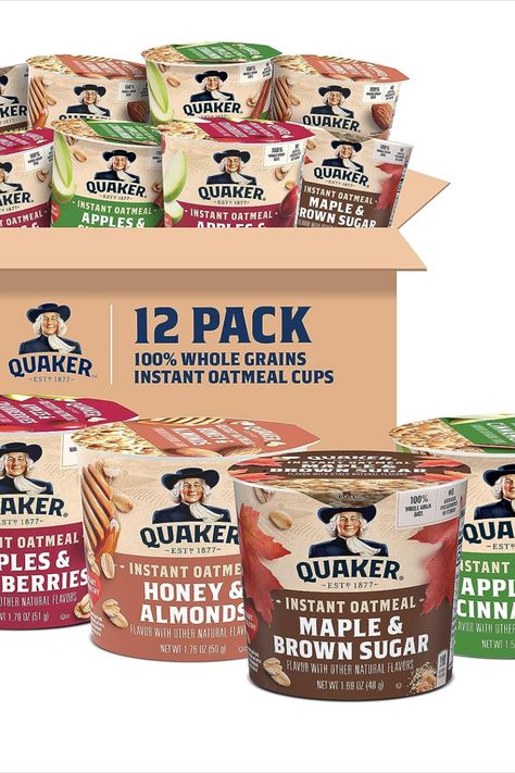 Start your day off right with Quaker Instant Oatmeal Express Cups. This 4 Flavor Variety Pack includes 12 convenient cups of delicious oatmeal. Each cup contains a hearty 1.76 ounces of oats, perfect for a quick and satisfying breakfast on the go. With four mouthwatering flavors to choose from, including Maple Brown Sugar, Apples & Cinnamon, Cinnamon & Spice, and Original, there's something to satisfy every palate. Quaker Instant Oatmeal, Dishes Ideas, Delicious Oatmeal, Glass Shelves Decor, Shelves Decor, Apples Cinnamon, Maple Brown, Oatmeal Cups, Sugar Apples