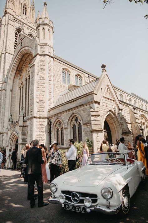 Vintage white Mercedes wedding car taking the bride and groom to the wedding reception Wedding Car Mercedes, Bride Car, Gold Colour Palette, Vintage Wedding Car, Mercedes Convertible, White Mercedes, Wedding Transport, Car Wedding, Taylor Wedding