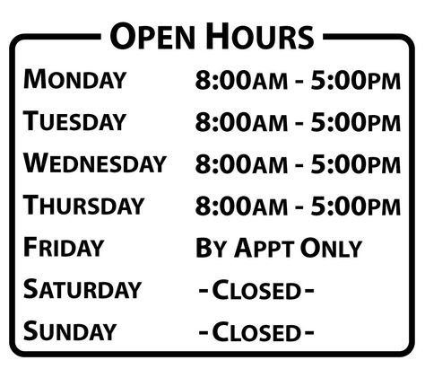 Company Open Hours | Stickertitans.com | Custom Business / Office / Shop / Salon / Restaurant Open Hour Vinyl Decal | Hours of Operation | Our Vinyl Signs are made from Oracal 651 | 470-585-2229 Bloxburg Open Sign Decal, Painting Decals, Hospital Signs, Decal Codes, Bloxburg Decals, Open Signs, Bloxburg Decal Codes, Office Signs, Office Shop