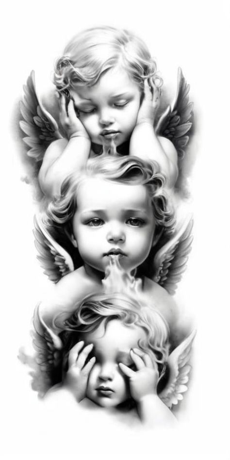 Cherub Tattoo Forearm, Angel Gabriel Tattoo Design, Lost Angel Tattoo, Three Angels Tattoo Design, 3 Angel Tattoo, 3 Angels Tattoo Designs, Omerta Tattoo Design, Prison Tattoos Ideas, Angels Tattoo Designs