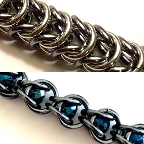 Chainmaille Box Chain and Trapped Bead Chain – The Skillful Meeple Chainmaille Tutorial Free, Chainmaille Jewelry Patterns, Chain Maille Patterns, Chainmaille Tutorial, Wire Jewerly, Byzantine Jewelry, Jump Ring Jewelry, Chainmaille Jewelry, Mail Ideas