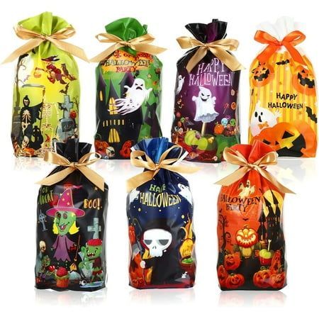 Naler 35 Pcs Halloween Drawstring Candy Bags,7 Style Trick or Treat Plastic Bags for Kids Adult Halloween Party Favors \n \nHigh quality plastic, safe and reliable quality. The small size (6\"*6\") and Halloween-themed patterns are perfect for multi-occasion Halloween party treats. Such as party favor bag of Trick or Treat, Halloween party games, Halloween gifts, Halloween party favors, Halloween goody candy bags, classroom prizes, and all other [Collection] Adult Halloween Party Favors, Party Games Halloween, Halloween Gift Baskets, Halloween Teacher Gifts, Halloween Party Treats, Halloween Gift Bags, Bags For Kids, Halloween Classroom, Halloween Candy Bags