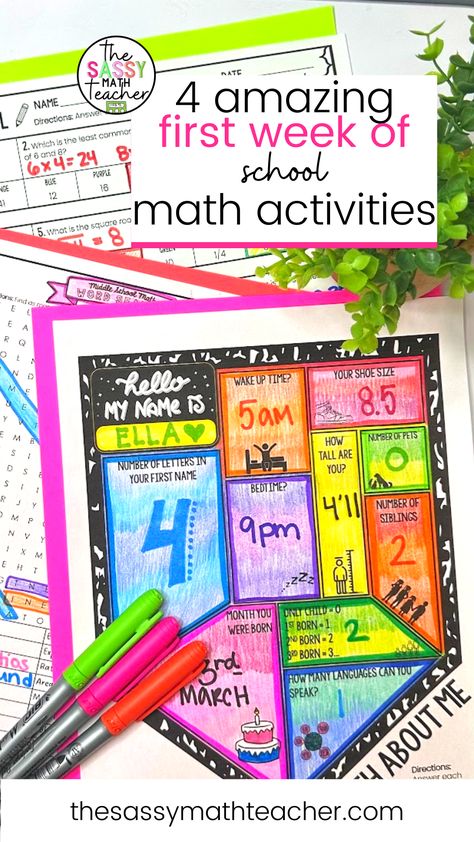 first-week-math-activities First Day Middle School Activities Math, 6th Grade Math Projects Middle School, First Day Of School Activities 4th Grade Math, Back To School Math Activities 3rd Grade, Math About Me Middle School, First Day Math Activities Middle School, Math About Me 4th Grade, Math First Day Of School Activity, Get To Know You Math Activities