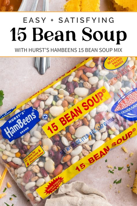 15 bean soup is hearty, comforting, and packed with flavor. Made with a mix of 15 types of beans like pinto beans, lima beans, red beans, lentils, and garbanzo beans, this soup is seasoned to perfection and rounded out with bacon, onion, celery, and diced tomatoes. Welcome to soup season! Bean Soup Mix Recipe, Bean Soup Crockpot, 16 Bean Soup, Dry Beans Recipe, Bean And Bacon Soup, Beans In Crockpot, Dry Soup Mix, 15 Bean Soup, Soup Beans