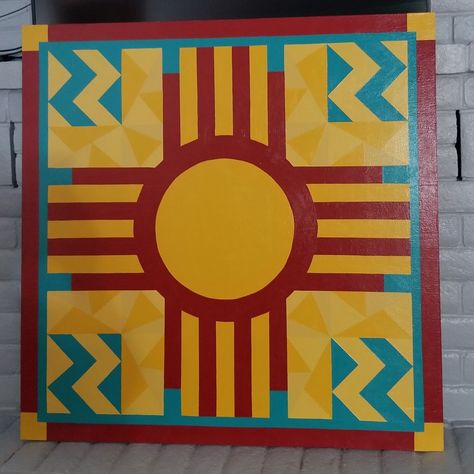 Barn Quilt - NM Zia Symbol Southwest Quilt Blocks, New Mexico Quilt Block, New Mexico Quilt Patterns, Arizona Quilt Patterns, Zia Symbol Art, Basement Mural, Free Southwest Quilt Patterns, New Mexico Zia Symbol, Aztec Sky Quilt Pattern