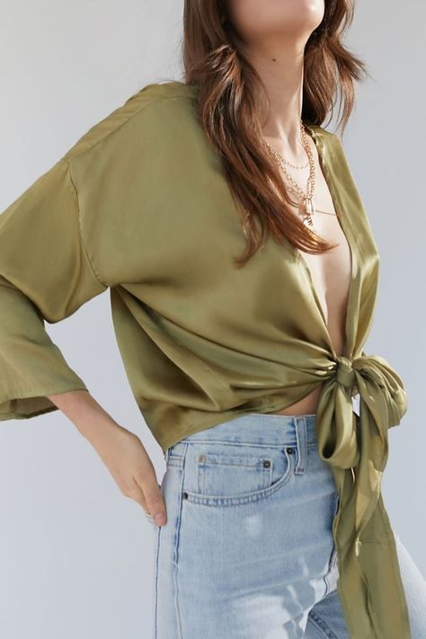 UO Nicole Satin Tie-Front Top Satin Tie Front Top, Urban Outfitters Shop, Tie Front Blouse, Half Zip Sweaters, Satin Top, Spring Tops, Front Tie Top, Urban Outfitters Tops, Tie Top