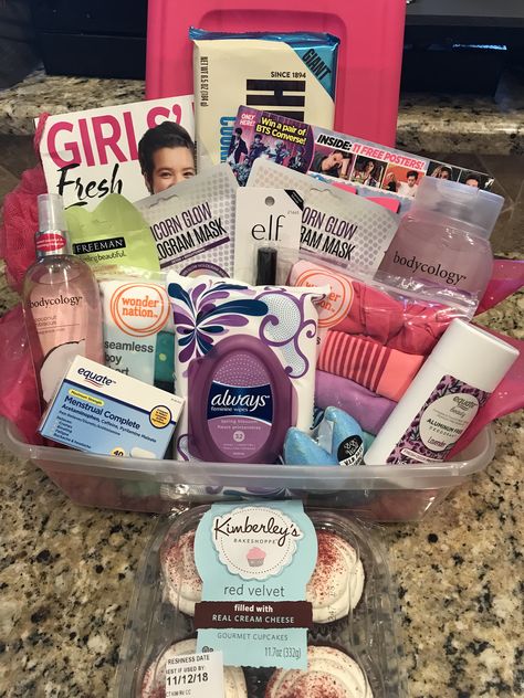 Happy First Period! Period Bag For Daughter, First Period Kit Daughters Diy, Period Gifts For Daughter, Period Box Ideas For Daughter, Period Basket Ideas, Period Package For Girlfriend, 1st Period Gift Basket, Period Box Ideas For Girlfriend, Period Basket For Daughter