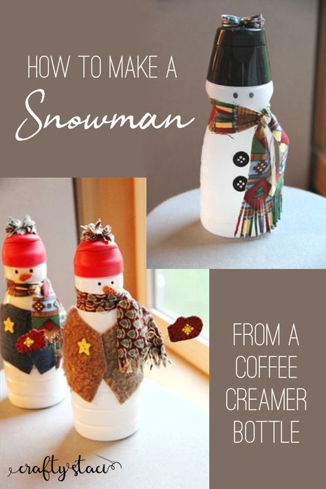 Coffee Creamer Container Crafts, Coffee Creamer Crafts, Coffee Creamer Bottle Crafts, Coffee Creamer Bottles, Coffee Creamer Container, Bottle Snowman, Creamer Bottles, Creamer Container, Small Plastic Bottles