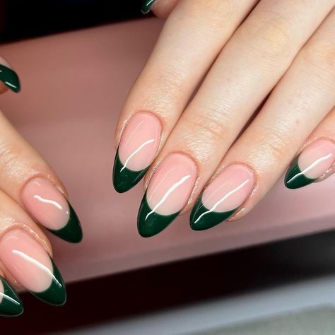 Forest French Green Tip Nails Christmas, Holiday Green French Tip Nails, Green French Tip With White Line, Pine Green Christmas Nails, Christmas Nails Green Tips, January French Nails, Christmas Green French Tip Nails, Dark Green French Tip Nails Almond, Green Sparkly French Tip Nails