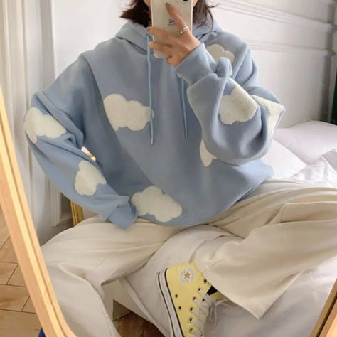 🌟 Elevate your style with our Kawaii Embroidered Clouds Hoodie - the epitome of Harajuku fashion! 🌈 Designed for cozy fall and winter vibes, this fleece oversized hoodie blends comfort with chic style effortlessly. Admire the intricate embroidery of whimsical clouds, adding a charming touch to any outfit. More than just clothing, it's a statement piece for the modern woman, radiating cuteness and coziness in every wear. ✨ Cloud Sweatshirt, Aesthetic Merch, Kawaii Cloud, Aesthetic Hoodies, Soft Girl Clothes, Jeans Patchwork, Rainbow Sweater, Unique Hoodies, Punk Outfits