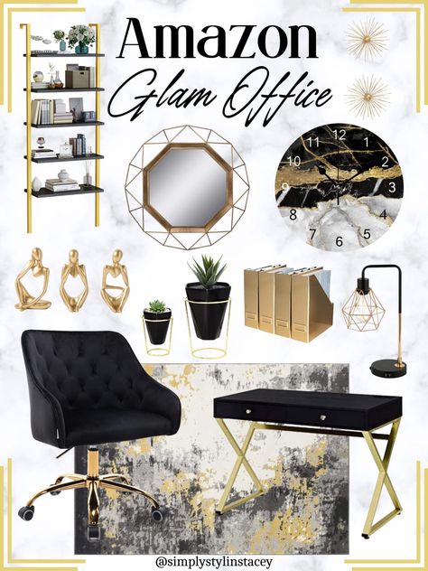 Shop recommended products from Simply Stylin' Stacey on www.amazon.com. Learn more about Simply Stylin' Stacey's favorite products. Office Decor With Gold Accents, Black Gold Pink Office, Black And Brown Office Ideas, Black White Gold Home Office, Black White Grey Gold Office, Black And Gold Dressing Room, Black And Gold Spa Decor, Amazon Glam Office, Black Gold Office Ideas