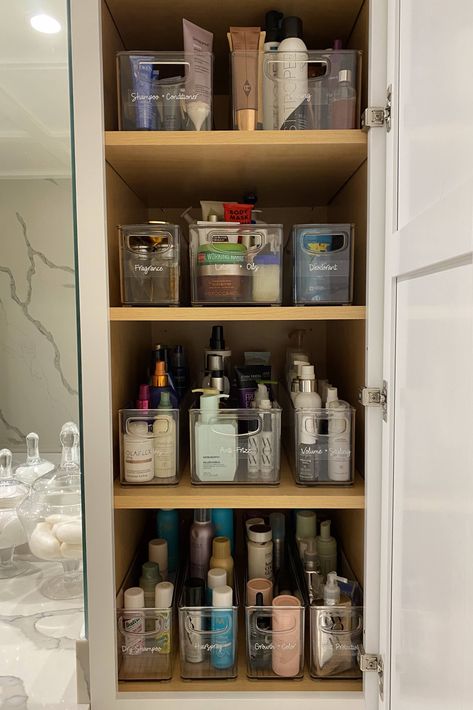 Organizer Bathroom Cabinet, Bathroom Cabinet Organization Shelves, Cabinet Bathroom Organization, Bathroom Storage And Organization, Self Care Cabinet, Organised Bathroom Cupboard, Makeup Organization Cabinet, Beauty Cabinet Organization, Bath And Body Organization