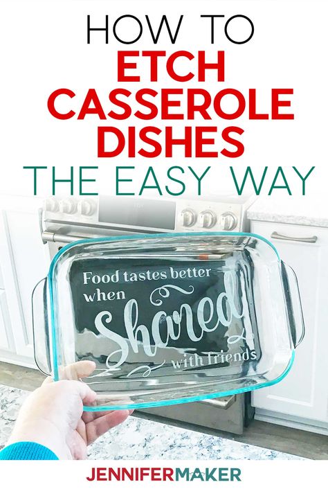 How to Etch Casserole Dishes the Easy Way with Vinyl Stencils and Armour Etch using your Cricut #cricut #stencil 2023 Cricut Ideas, Easy Cricut Gifts, Cricut Kitchen Ideas, Etching Glassware Diy, Etched Casserole Dish, Cricut Stencil, Glass Etching Diy, Etching Diy, Vinyl Business