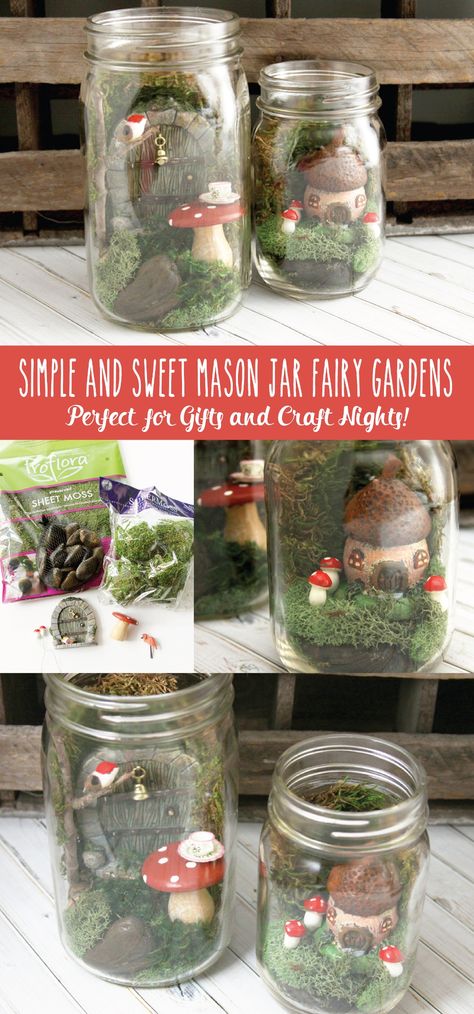 Simple and Sweet Mason Jar Fairy Gardens | Jar Fairy Garden, Mason Jar Terrarium, Fairy Terrarium, Terrarium Jar, Garden Kids, Fairy Garden Ideas, Fairy Jars, Garden Party Decorations, Mini Fairy Garden