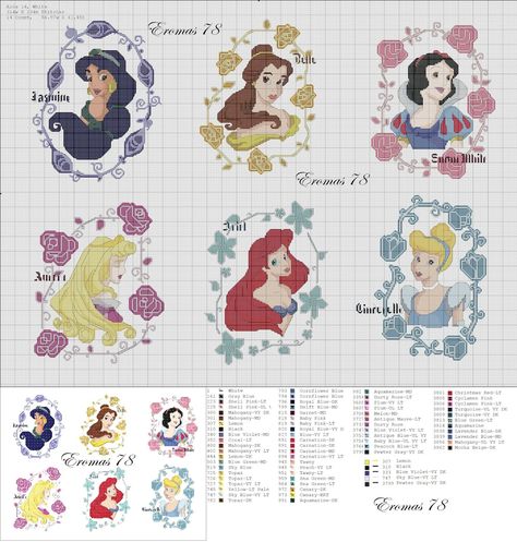 Disney Princesses Free Cross Stitch Chart Free Cross Stitch Charts, Tema Disney, Stitch Character, Disney Cross Stitch Patterns, Hook Rug, Cross Stitch For Kids, Stitch Cartoon, Cross Stitch Love, Disney Cross Stitch