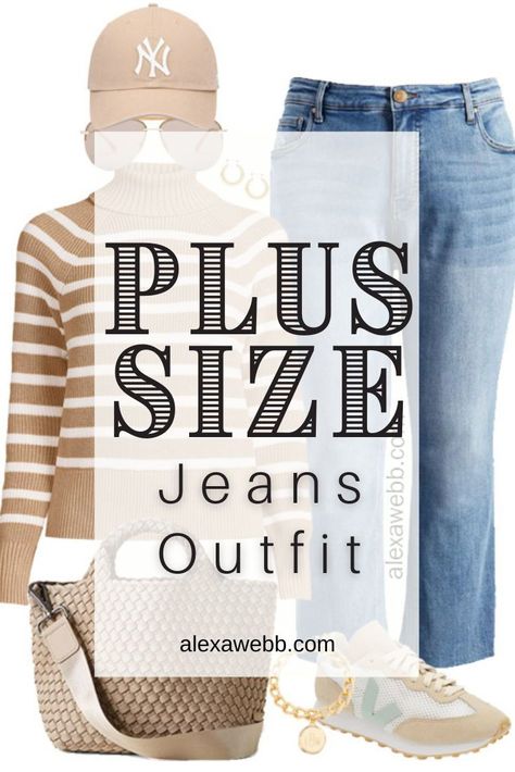 Plus Size Jeans and Sneakers Outfits - A plus size casual outfit with cropped flare jeans, a striped turtleneck sweater, Veja sneakers, and Yankees cap. Alexa Webb Plus Size Jeans And Sneakers Outfit, Plus Size Outfits With Sneakers, Jeans And Sneakers Outfit, Casual Plus Size Outfits, Alex Webb, Plus Size Casual Outfits, Striped Turtleneck Sweater, Oversized Aviator Sunglasses, Alexa Webb