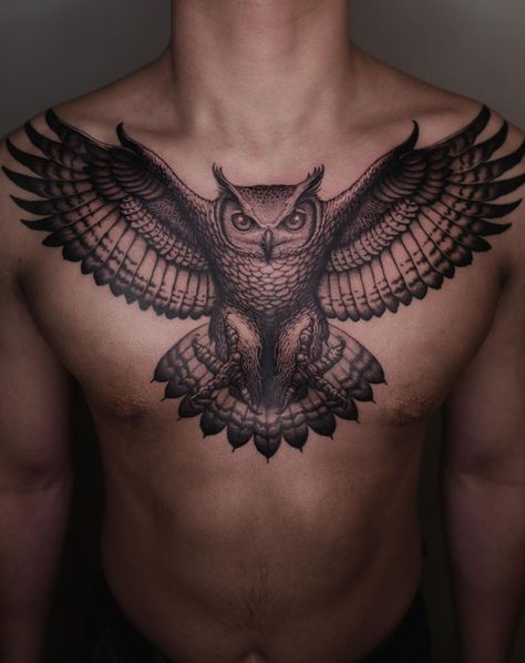 Owl Tattoo On Chest For Men, Detailed Owl Tattoo, Men Owl Tattoo Ideas, Owl Tattoo Design Chest, Chest Owl Tattoo, Owl Chest Tattoo Men, Realistic Owl Tattoo Design, Owl Back Tattoo, Men Chest Tattoo Ideas