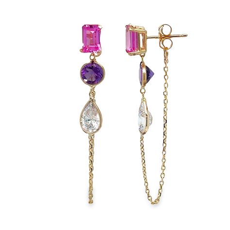 These earrings feature a delightful combination of emerald, round, and drop gemstones suspended on a 14k yellow gold chain. Gemstones Earrings, White Gemstones, Aesthetic Earrings, Stock Design, Dope Jewelry, Pink Topaz, Sell Gold, Jewelry Lookbook, Junk Drawer