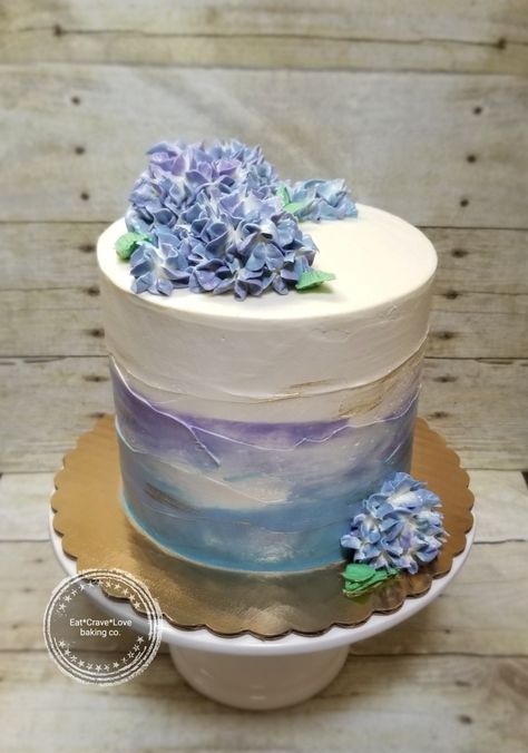 Buttercream Hydrangea Cake, Hydrangea Birthday Cake, Hydrangea Cake Ideas, Hydrangea Cake Decoration, Hydrangea Birthday Party, Hydrangea Party Theme, Simple Floral Cake Design, Blue Hydrangea Cake, Periwinkle Cake