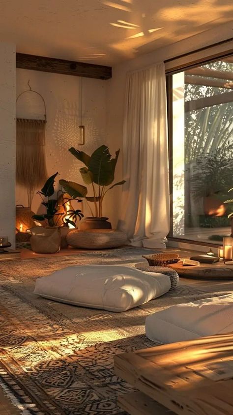 Sala Zen, Home Yoga Room, Earthy Living Room, Aesthetic Motivation, Meditation Room Decor, Meditation Corner, Zen Room, Meditation Space, Yoga Room