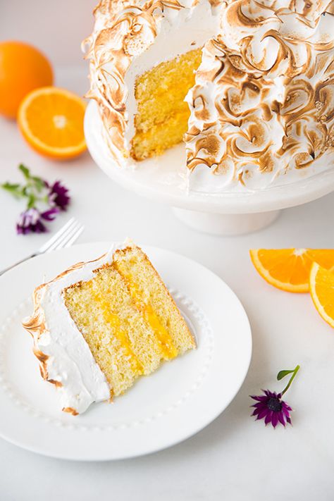 Orange Chiffon Cake with Orange Filling and Meringue | Cooking Classy Orange Filling, Orange Chiffon Cake, A Slice Of Cake, Orange Cake Recipe, Slice Of Cake, Orange Chiffon, Gateaux Cake, Cake Fillings, Cooking Classy