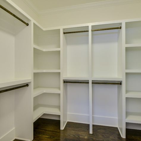 Walk In Closet With Corner Shelves, U Shaped Closet Organization Ideas, Master Closet Corner Ideas, U Shape Walk In Wardrobe, U Shape Wardrobe Design, U Shaped Closet Walk In, Long Narrow Closet Ideas, Narrow Closet Ideas, Tiny Walk In Closet