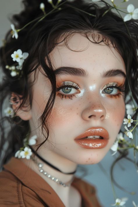 Natural Fairy Makeup Look, Simple Pretty Makeup Looks, Funky Wedding Makeup, Fae Aesthetic Makeup, Waitress Makeup, Natural Fairy Makeup, Nature Makeup Looks, Ethereal Wedding Makeup, Midsummer Makeup