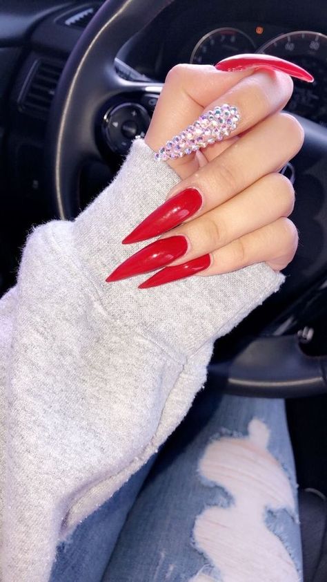 Are you looking for Red Christmas nails and holiday nail art ideas that you can recreate this year? If so, this post is perfect for you! Stellitoes Nails Designs, Valentines Nails Stiletto, Long Red Stiletto Nails, Fancy Red Nails, Red Stiletto Nails Designs, Long Acrylic Nails Stiletto, Red Acrylic Nails Ideas, Red Stiletto Nails, Acrylic Nails Stiletto