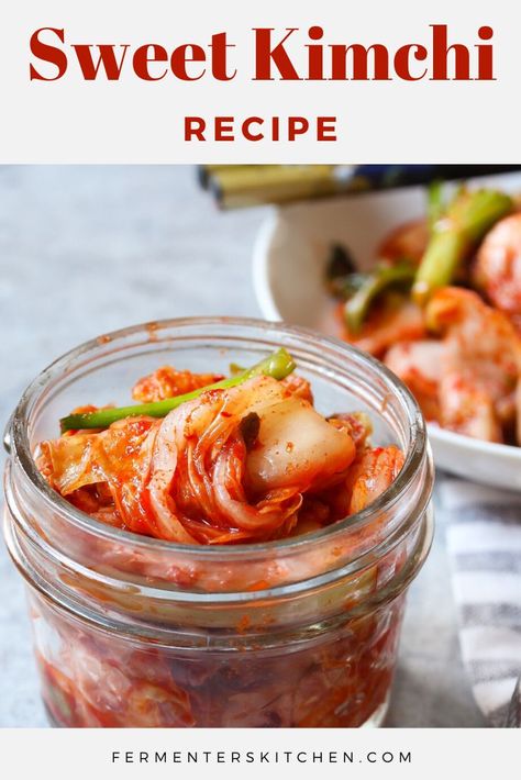 Easy Sweet Kimchi Recipe with napa cabbage and crunchy daikon radishes fermented in sweet apple and plum sauce. #sweetkimchi #kimchirecipe Sweet Kimchi Recipe, Korean Kimchi Recipe, Korean Food Kimchi, Radish Kimchi, Fermented Kimchi, Korean Kimchi, South Korean Food, Plum Sauce, Sauerkraut Recipes