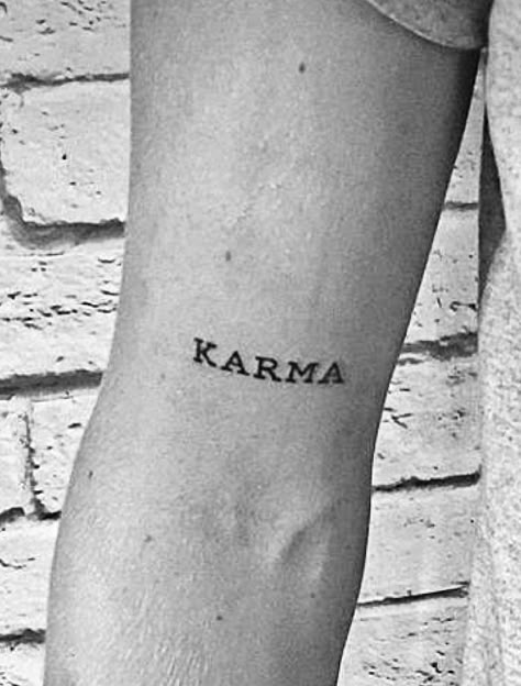 Forearm tattoo, above elbow- word KARMA in capital letters Karma Tatoos Ideas, Karma Tatoos Men, Karma Tattoo Designs Men, Tattoo Ideas Karma, Karma Tattoo For Men, Karma Tattoo Ideas, Karma Tattoo Design, Tattoo Karma, Brust Tattoo Frau