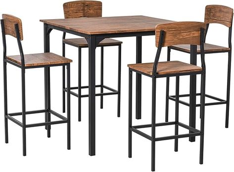 Amazon.com - HOMCOM Counter Height Bar Table Set for 4, Square Kitchen Table and Chairs Set with Footrest, Metal Legs, Industrial Dinner Table Set for 4, Walnut - Table & Chair Sets Industrial Dining Room Table, Square Kitchen Tables, Counter Height Dining Table Set, Modern Bar Table, Dining Room Industrial, Square Kitchen, Industrial Dining Table, Bar Table Sets, Industrial Dining