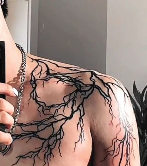 Cute Tattoos For Men Simple, Crazy Tattoos For Women, Intimidating Tattoos For Men, Lightning Tattoo On Back, Unique Chest Tattoo Men Ideas, Men’s Peck Tattoos, Lightning Collarbone Tattoo, Lighting Design Tattoo, Chidori Tattoo