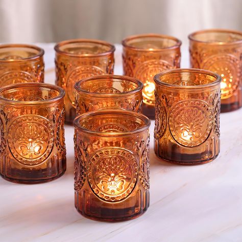 PRICES MAY VARY. 💟Vintage 12 Amber Votive Candle Holders: This set includes 12 amber glass candle holders. Each holder has a dimension of 2.1" (width) x 2.6" (height), making them perfect for tealight, votive, LED, or flameless candles with a diameter of up to 1.8". Get ready to light up your space! 🍁Perfect Boho Table Centerpiece: The retro amber colors of these candle holders create a warm and cozy atmosphere. Great for boho weddings, bridal showers, wedding reception, Valentines, fall theme Boho Wedding Table Vases, Vintage Sign In Table For Wedding, Terecotta Wedding Table, Wildflower Wedding Candles, Western Guest Table, Simple Fall Wedding Mrs And Mrs, Set Of 2 Candle Holders, Candle Outdoor Party, Candle Terracotta Pot