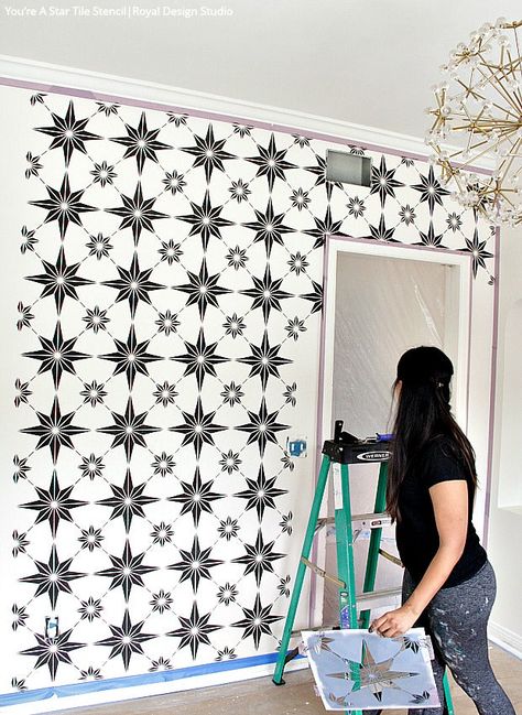 Painting Floors, Floors Ideas, Brick Backsplash Kitchen, Modern Kitchen Backsplash, Tile Stencils, Royal Design Studio Stencil, Tile Stickers Kitchen, Star Tile, Diy Kitchen Backsplash