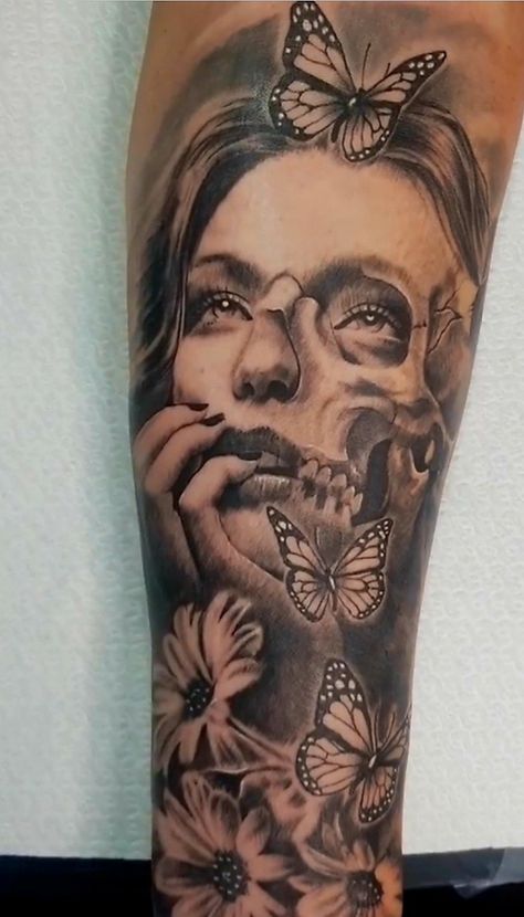 Skull With Flowers And Butterflies Tattoo, Half Face Half Skull Tattoo, Half Skull Half Face Tattoo, Half Skull Face, Half Portrait, Skull Face Tattoo, Butterfly Skull, Half Skull, Skeleton Face