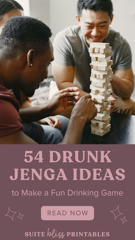 Drunk Jenga is a fantastic tower drinking game to play with friends. I personally find the Jenga drinking games you can buy a bit repetitive so we’ve created a mash-up of kings cup rules/ring of fire rules mixed with a drunken tower to make for an epic night of fun! #drunkjenga #partygames Rules For Drinking Games, Jenga Bachelorette Game, Fun Jenga Ideas, Bridal Shower Jenga, Drinking Jenga Ideas, Jenga Drinking Game Ideas, Drink Jenga Ideas, Jenga Drinking Game Diy, Drunk Jenga Ideas