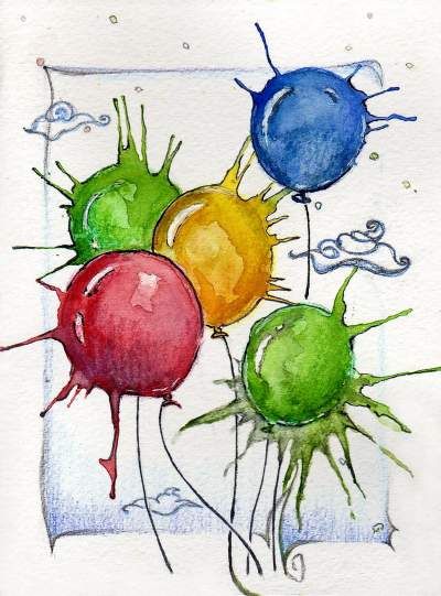 Popping Balloons | Watercolor About objects, watercolor, watercolour, blue, green, color, splash, pop, red, yellow, birthday, balloon and five Popped Balloon Drawing, Balloon Illustration Drawing, Popped Balloon, Ballon Drawing, Balloon Popping, How To Draw Balloons, Balloons Watercolor, Balloon Drawing, Watercolor Balloons