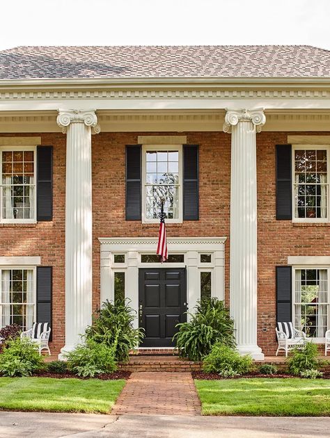 Brick Greek Revival Exterior, Brick Federal Style House, Colonial Ranch Style Homes, Updated Colonial Exterior With Columns, Colonial House Exterior Makeover, Brick Colonial House Exterior, Colonial Brick House, Front Porch Column Ideas, Porch Column Ideas